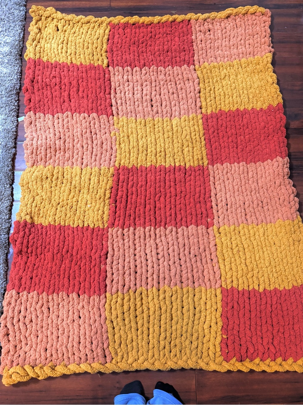Handmade Chunky Knit Throw Blanket in Mustard, Coral & Red - Home Accents